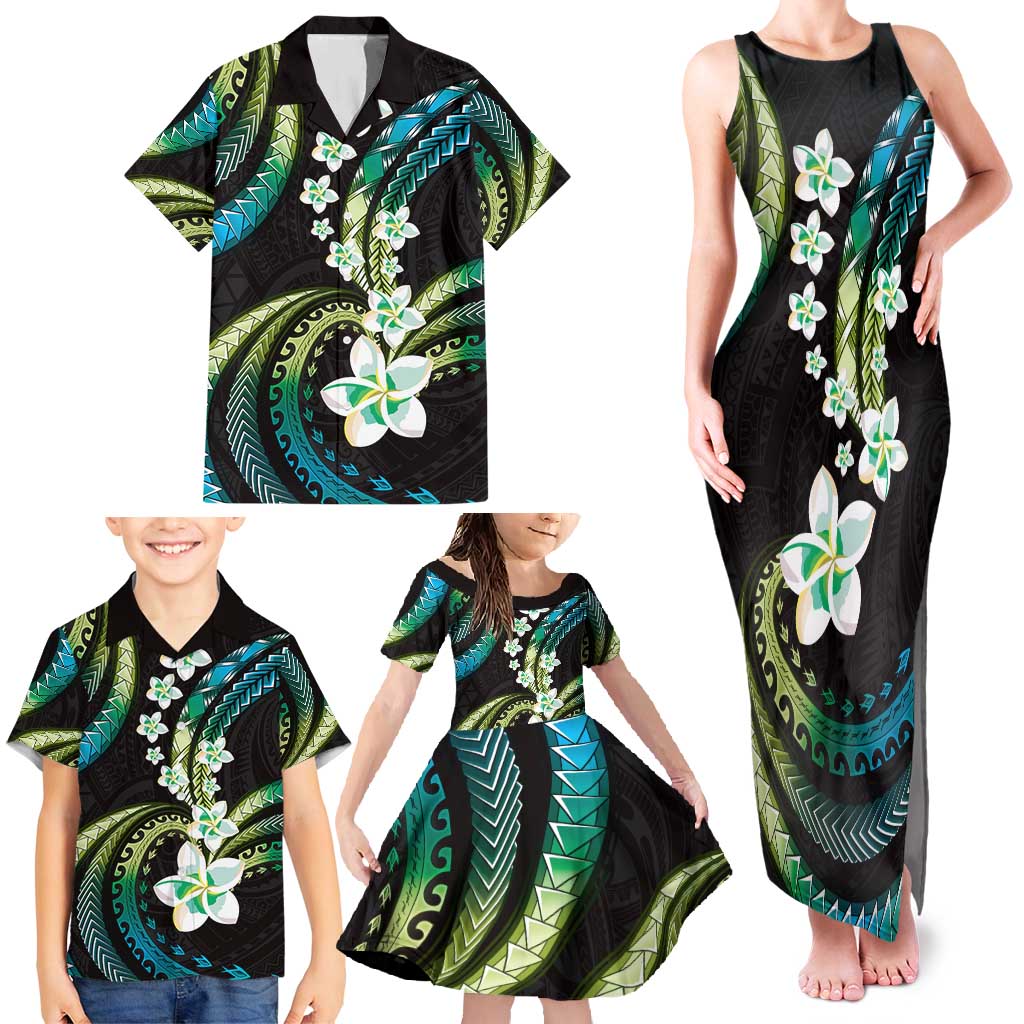 Hawaii Plumeria Family Matching Tank Maxi Dress and Hawaiian Shirt Chartreuse Cyan Polynesian Pattern
