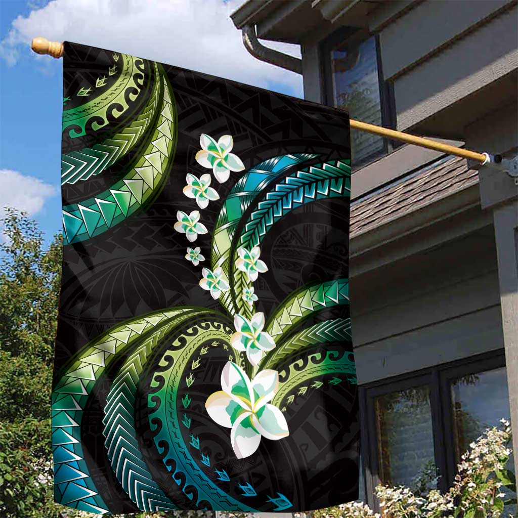 Hawaii Plumeria Garden Flag Chartreuse Cyan Polynesian Pattern