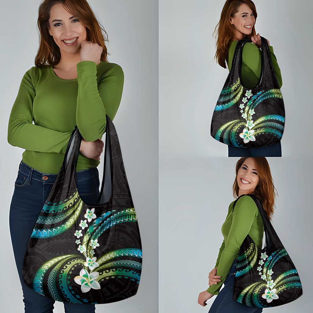 Hawaii Plumeria Grocery Bag Chartreuse Cyan Polynesian Pattern