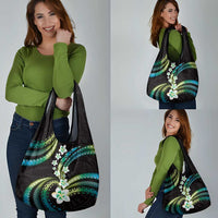 Hawaii Plumeria Grocery Bag Chartreuse Cyan Polynesian Pattern