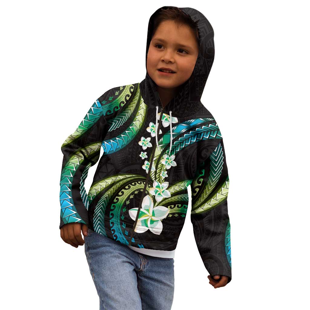 Hawaii Plumeria Kid Hoodie Chartreuse Cyan Polynesian Pattern