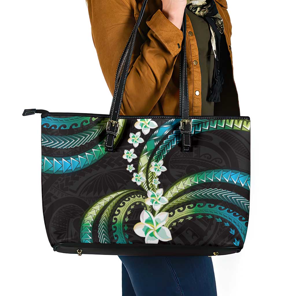 Hawaii Plumeria Leather Tote Bag Chartreuse Cyan Polynesian Pattern