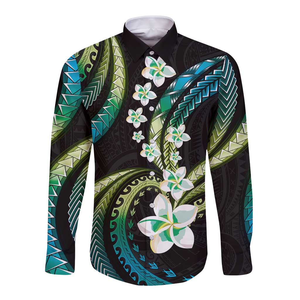 Hawaii Plumeria Long Sleeve Button Shirt Chartreuse Cyan Polynesian Pattern