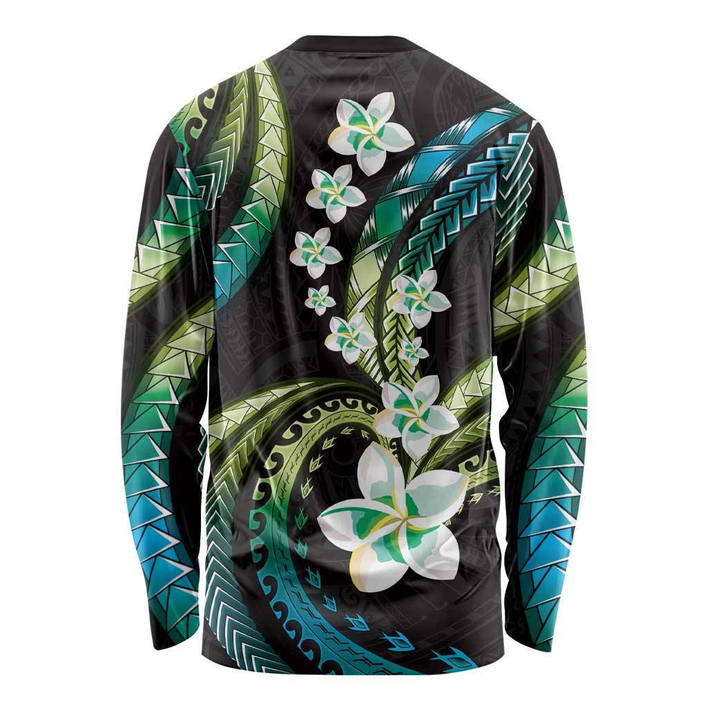 Hawaii Plumeria Long Sleeve Shirt Chartreuse Cyan Polynesian Pattern