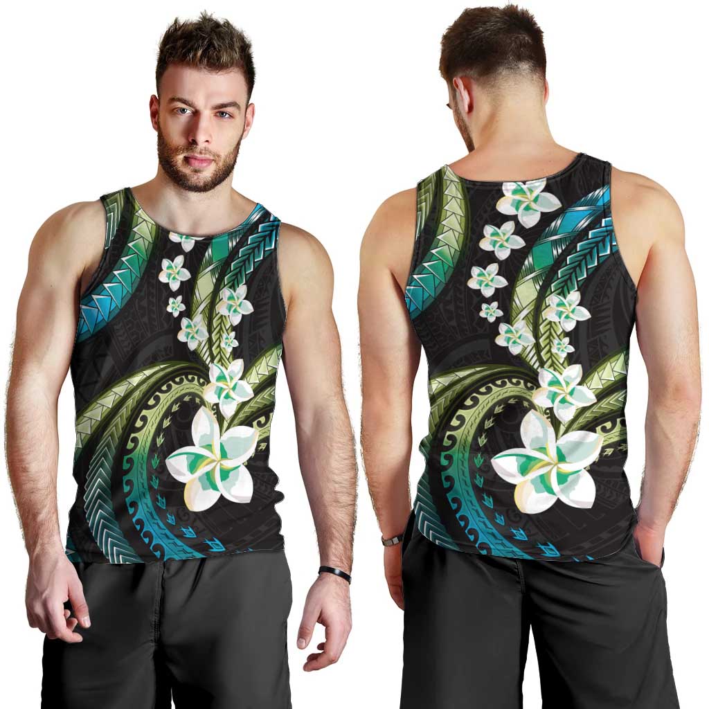 Hawaii Plumeria Men Tank Top Chartreuse Cyan Polynesian Pattern