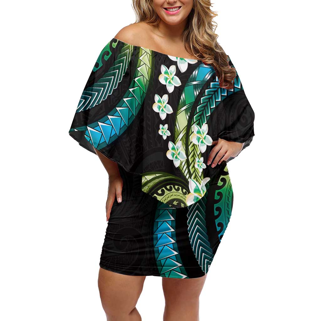 Hawaii Plumeria Off Shoulder Short Dress Chartreuse Cyan Polynesian Pattern