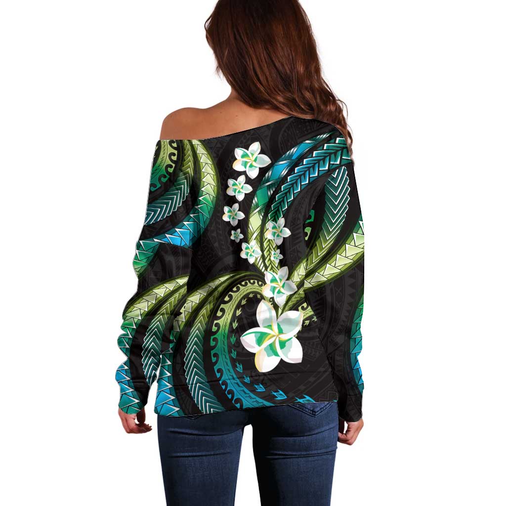 Hawaii Plumeria Off Shoulder Sweater Chartreuse Cyan Polynesian Pattern