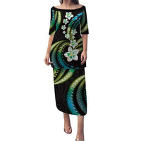 Hawaii Plumeria Puletasi Chartreuse Cyan Polynesian Pattern