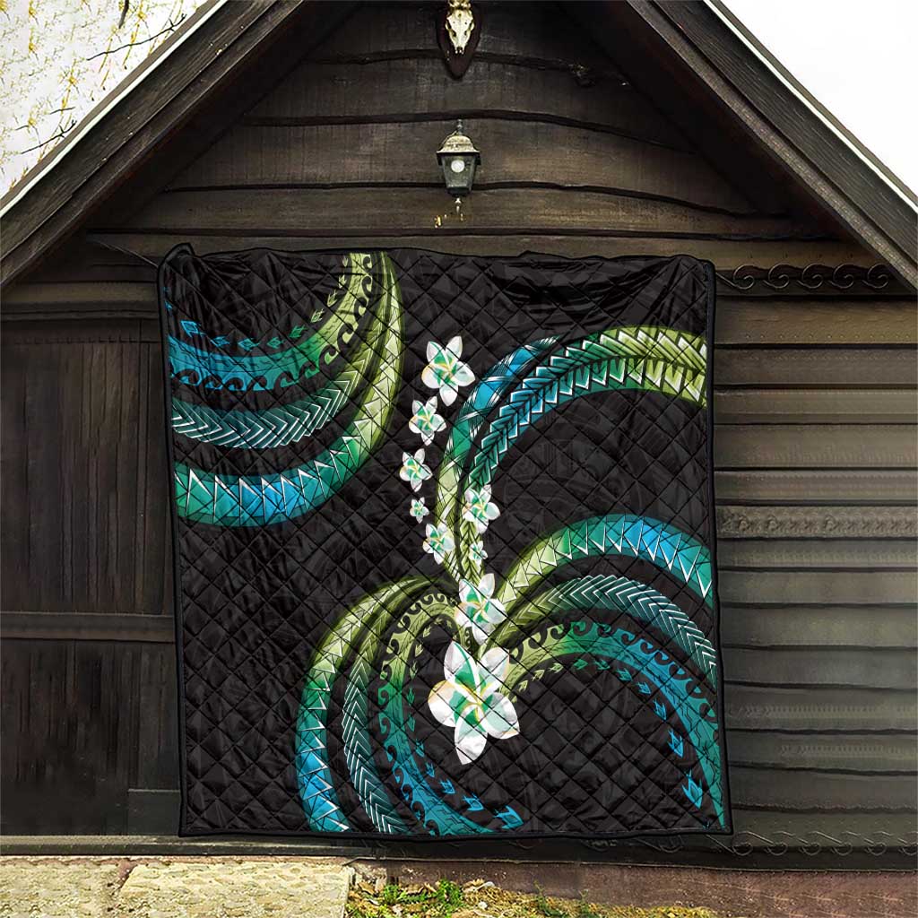 Hawaii Plumeria Quilt Chartreuse Cyan Polynesian Pattern