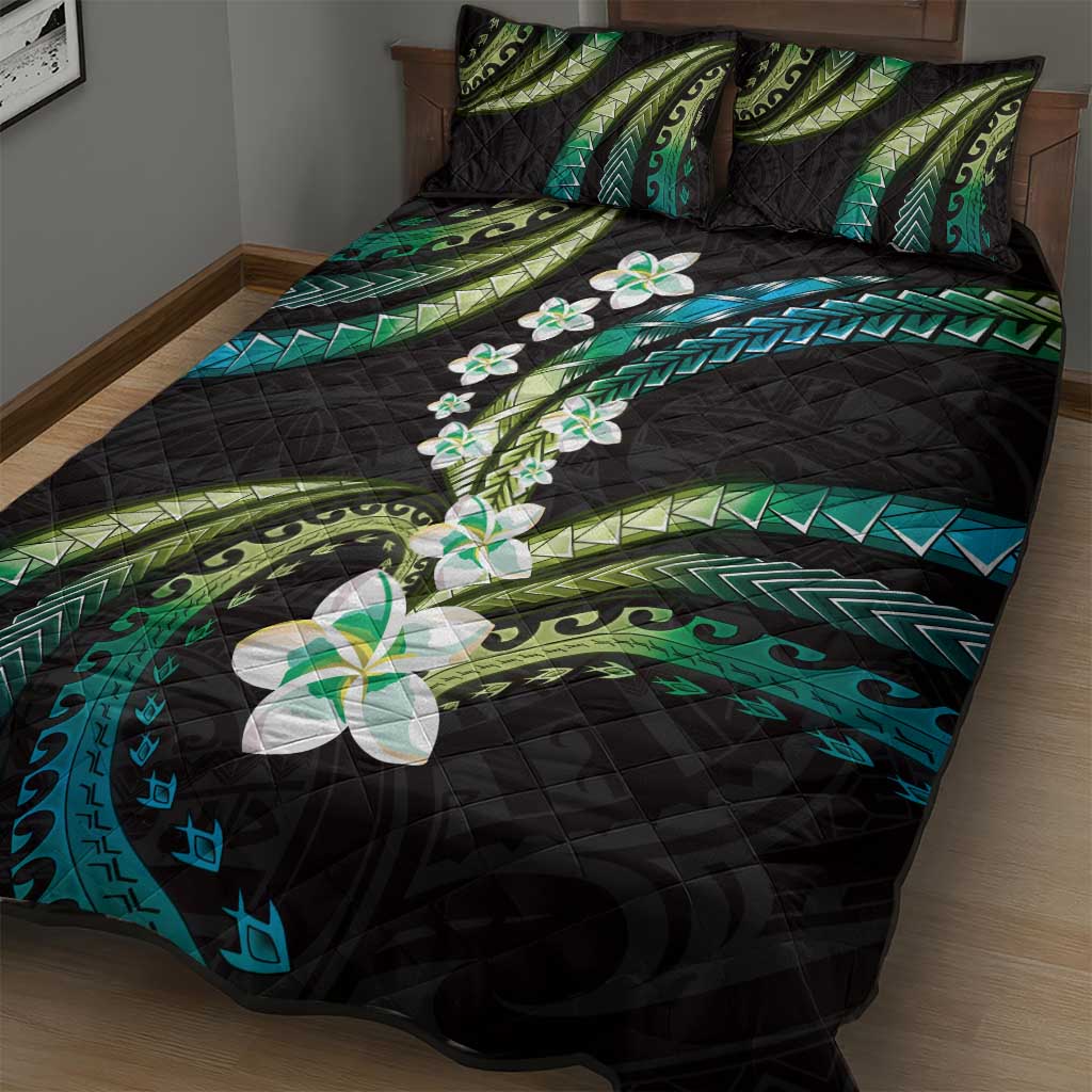 Hawaii Plumeria Quilt Bed Set Chartreuse Cyan Polynesian Pattern