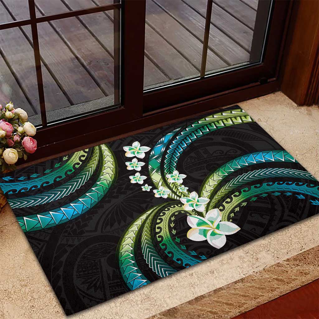 Hawaii Plumeria Rubber Doormat Chartreuse Cyan Polynesian Pattern