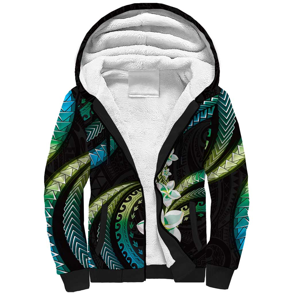 Hawaii Plumeria Sherpa Hoodie Chartreuse Cyan Polynesian Pattern