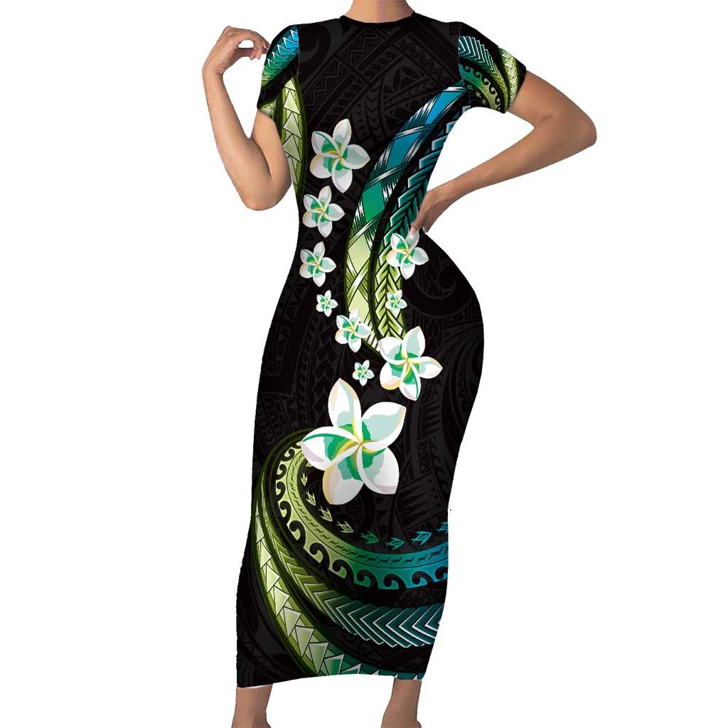 Hawaii Plumeria Short Sleeve Bodycon Dress Chartreuse Cyan Polynesian Pattern