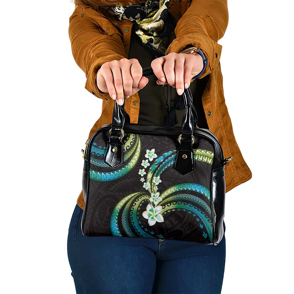Hawaii Plumeria Shoulder Handbag Chartreuse Cyan Polynesian Pattern