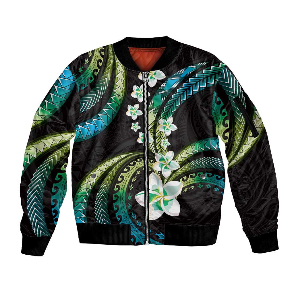 Hawaii Plumeria Sleeve Zip Bomber Jacket Chartreuse Cyan Polynesian Pattern