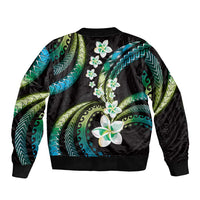 Hawaii Plumeria Sleeve Zip Bomber Jacket Chartreuse Cyan Polynesian Pattern