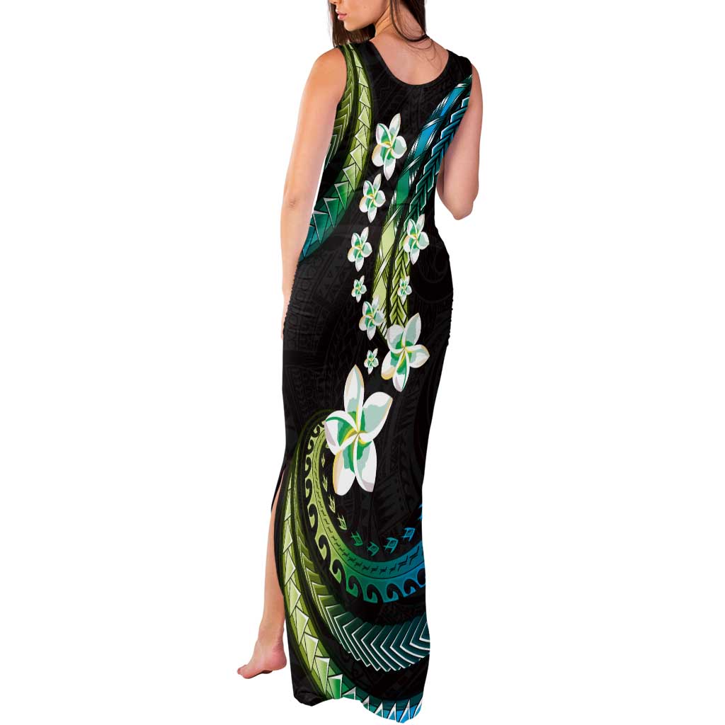 Hawaii Plumeria Tank Maxi Dress Chartreuse Cyan Polynesian Pattern
