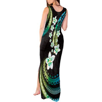 Hawaii Plumeria Tank Maxi Dress Chartreuse Cyan Polynesian Pattern
