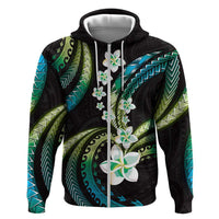 Hawaii Plumeria Zip Hoodie Chartreuse Cyan Polynesian Pattern
