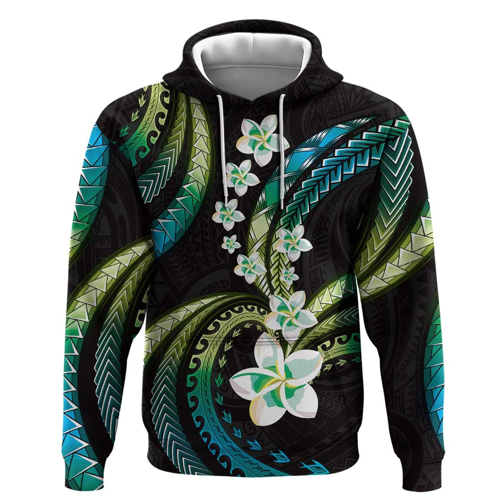 Hawaii Plumeria Zip Hoodie Chartreuse Cyan Polynesian Pattern