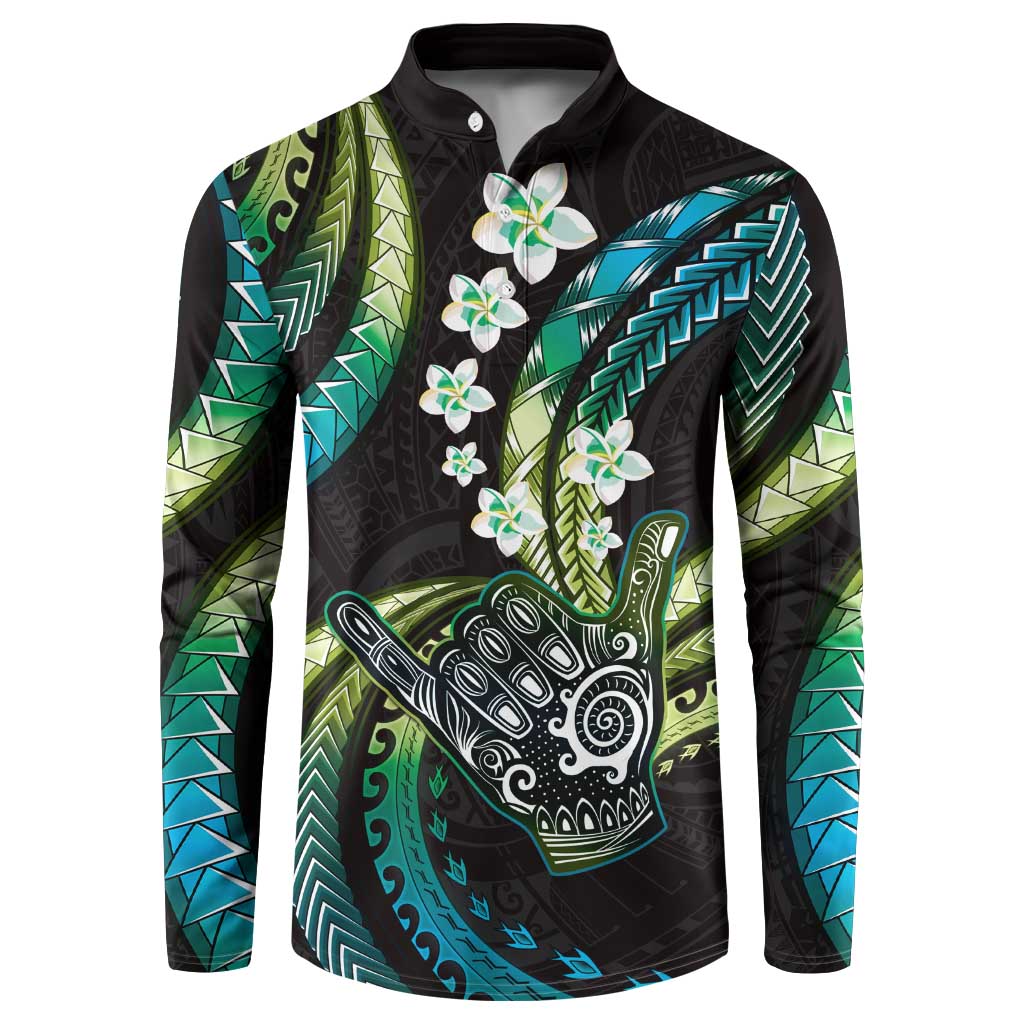 Hawaii Shaka Sign Button Sweatshirt Fantastic Frangipani Chartreuse Cyan