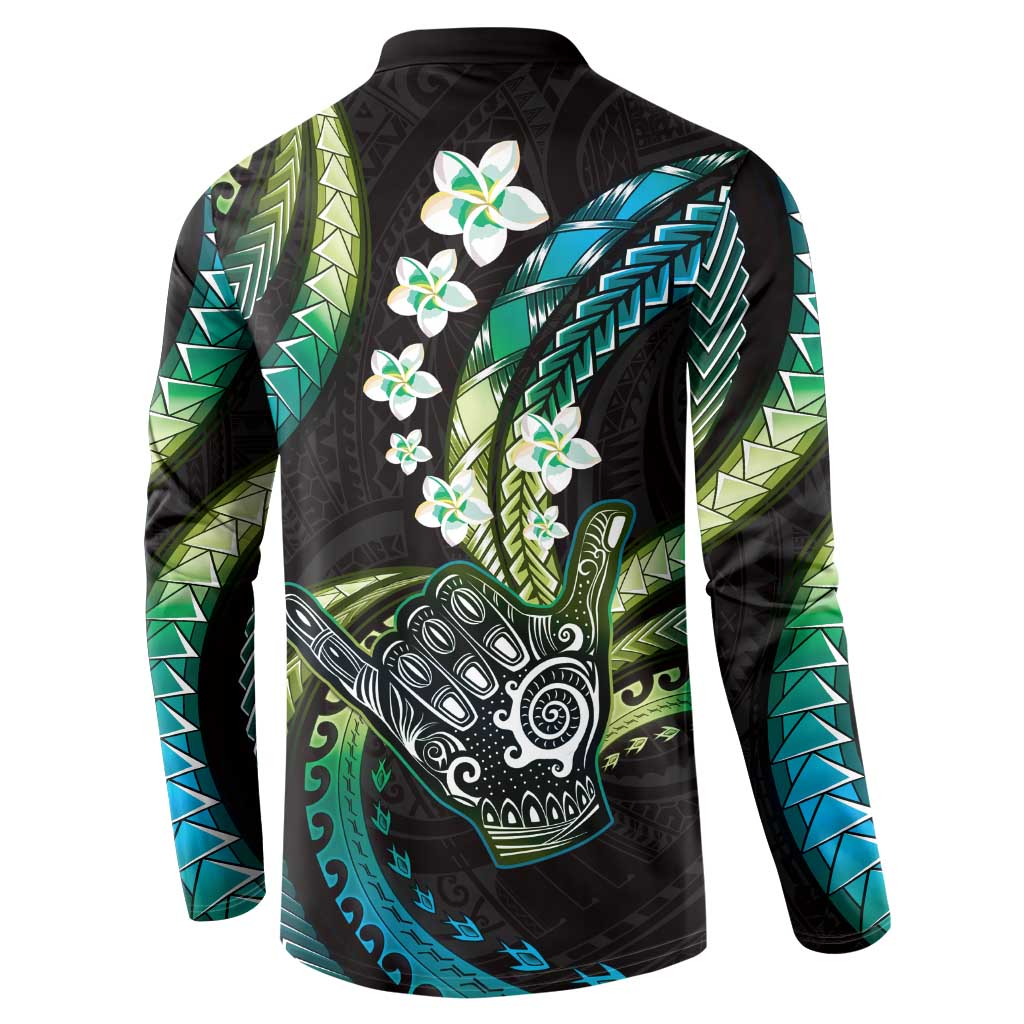 Hawaii Shaka Sign Button Sweatshirt Fantastic Frangipani Chartreuse Cyan