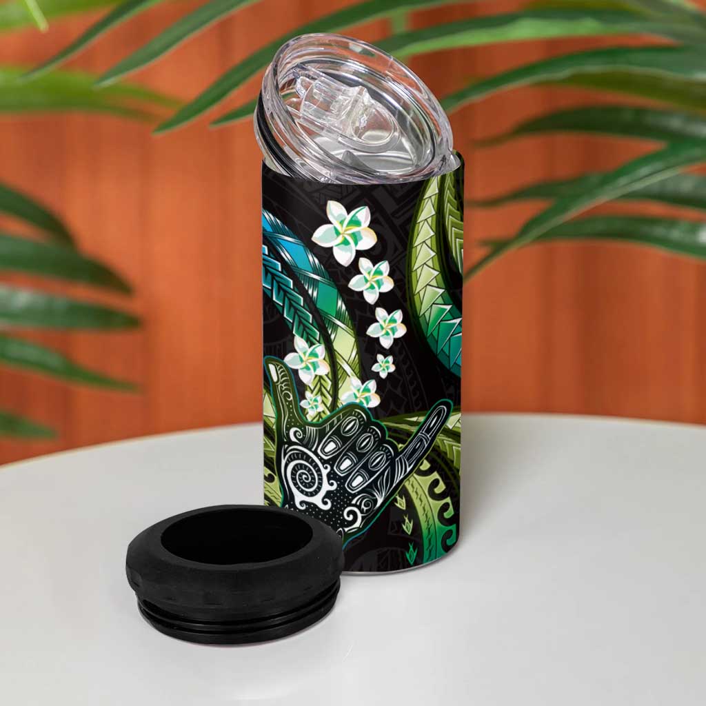 Hawaii Shaka Sign 4 in 1 Can Cooler Tumbler Fantastic Frangipani Chartreuse Cyan