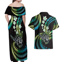 Hawaii Shaka Sign Couples Matching Off Shoulder Maxi Dress and Hawaiian Shirt Fantastic Frangipani Chartreuse Cyan