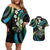 Hawaii Shaka Sign Couples Matching Off Shoulder Short Dress and Hawaiian Shirt Fantastic Frangipani Chartreuse Cyan