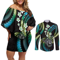 Hawaii Shaka Sign Couples Matching Off Shoulder Short Dress and Long Sleeve Button Shirt Fantastic Frangipani Chartreuse Cyan