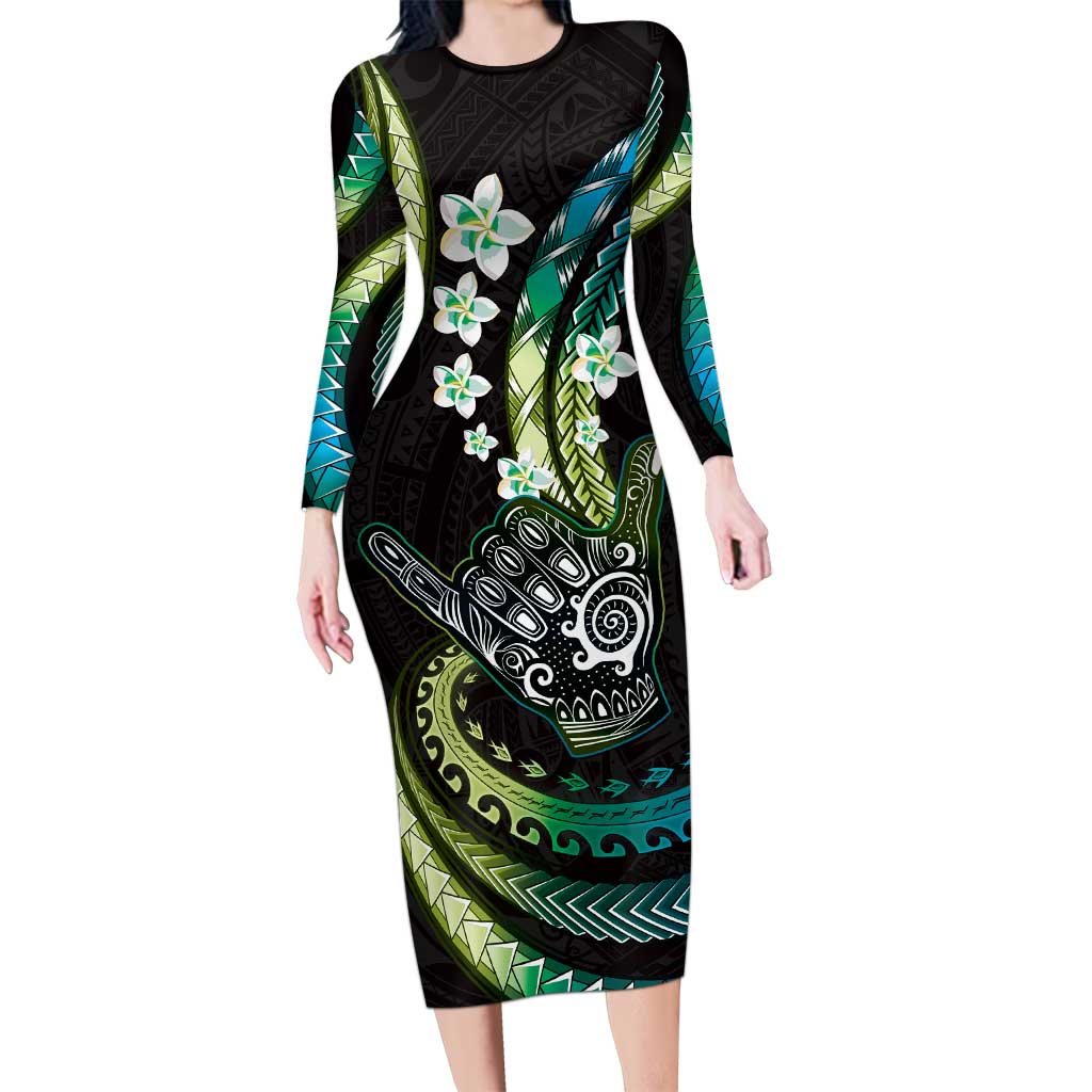 Hawaii Shaka Sign Family Matching Long Sleeve Bodycon Dress and Hawaiian Shirt Fantastic Frangipani Chartreuse Cyan