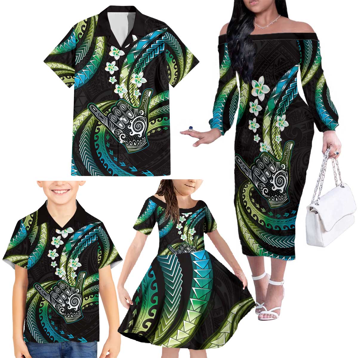 Hawaii Shaka Sign Family Matching Off The Shoulder Long Sleeve Dress and Hawaiian Shirt Fantastic Frangipani Chartreuse Cyan
