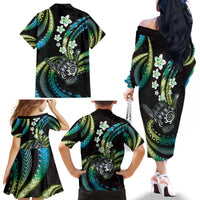 Hawaii Shaka Sign Family Matching Off The Shoulder Long Sleeve Dress and Hawaiian Shirt Fantastic Frangipani Chartreuse Cyan
