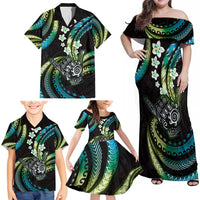 Hawaii Shaka Sign Family Matching Off Shoulder Maxi Dress and Hawaiian Shirt Fantastic Frangipani Chartreuse Cyan