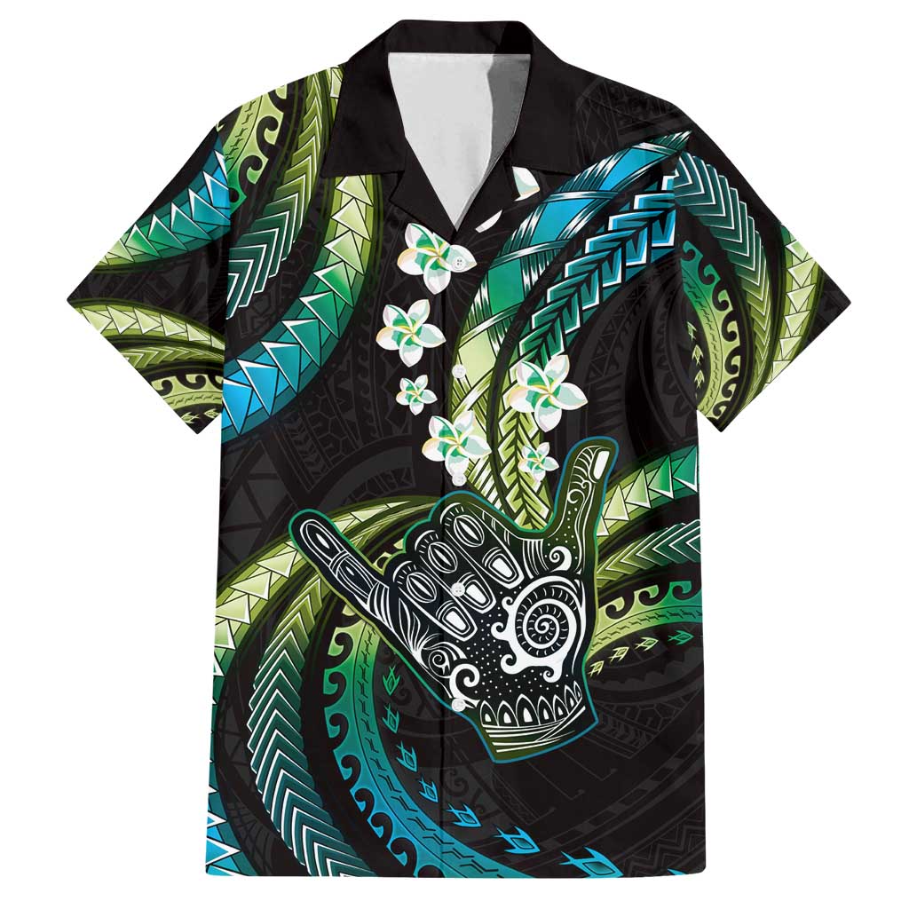 Hawaii Shaka Sign Family Matching Off Shoulder Maxi Dress and Hawaiian Shirt Fantastic Frangipani Chartreuse Cyan