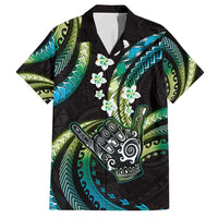 Hawaii Shaka Sign Family Matching Off Shoulder Maxi Dress and Hawaiian Shirt Fantastic Frangipani Chartreuse Cyan