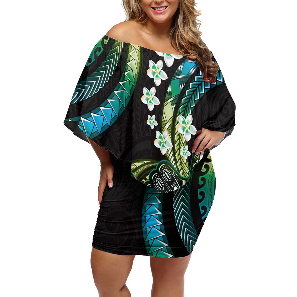 Hawaii Shaka Sign Family Matching Off Shoulder Short Dress and Hawaiian Shirt Fantastic Frangipani Chartreuse Cyan