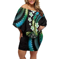 Hawaii Shaka Sign Family Matching Off Shoulder Short Dress and Hawaiian Shirt Fantastic Frangipani Chartreuse Cyan