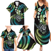 Hawaii Shaka Sign Family Matching Summer Maxi Dress and Hawaiian Shirt Fantastic Frangipani Chartreuse Cyan