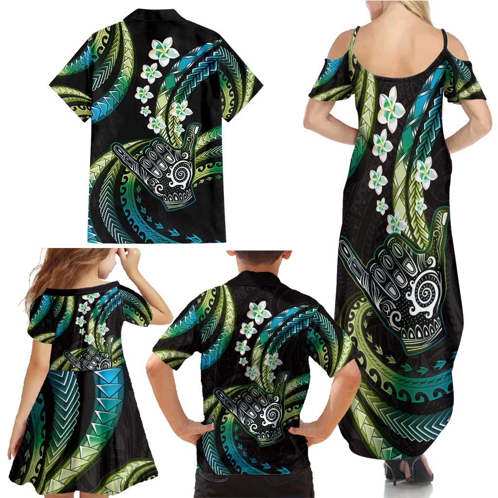 Hawaii Shaka Sign Family Matching Summer Maxi Dress and Hawaiian Shirt Fantastic Frangipani Chartreuse Cyan