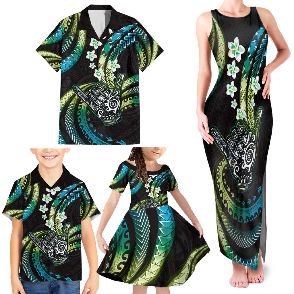 Hawaii Shaka Sign Family Matching Tank Maxi Dress and Hawaiian Shirt Fantastic Frangipani Chartreuse Cyan