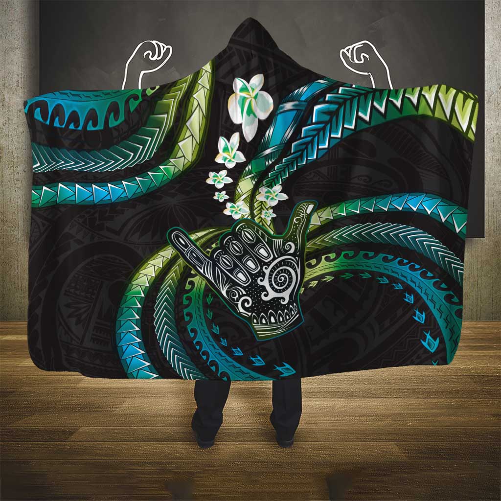 Hawaii Shaka Sign Hooded Blanket Fantastic Frangipani Chartreuse Cyan