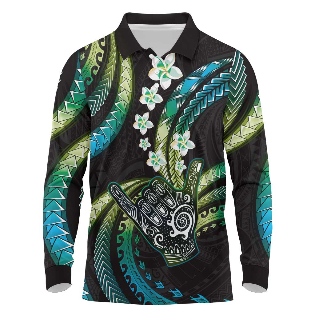Hawaii Shaka Sign Long Sleeve Polo Shirt Fantastic Frangipani Chartreuse Cyan