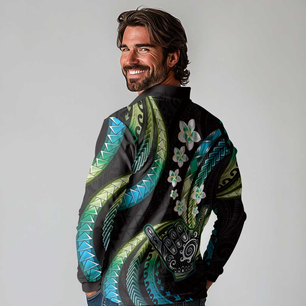 Hawaii Shaka Sign Long Sleeve Polo Shirt Fantastic Frangipani Chartreuse Cyan