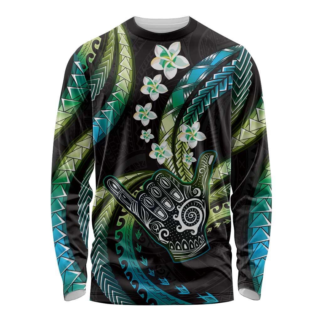 Hawaii Shaka Sign Long Sleeve Shirt Fantastic Frangipani Chartreuse Cyan