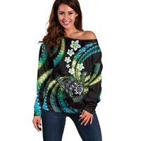 Hawaii Shaka Sign Off Shoulder Sweater Fantastic Frangipani Chartreuse Cyan
