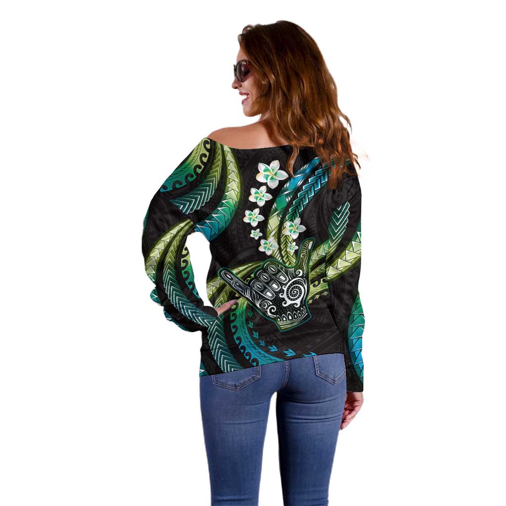 Hawaii Shaka Sign Off Shoulder Sweater Fantastic Frangipani Chartreuse Cyan