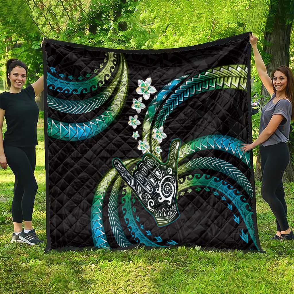 Hawaii Shaka Sign Quilt Fantastic Frangipani Chartreuse Cyan