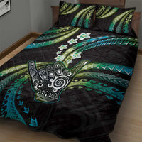 Hawaii Shaka Sign Quilt Bed Set Fantastic Frangipani Chartreuse Cyan