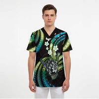 Hawaii Shaka Sign Scrub Top Fantastic Frangipani Chartreuse Cyan - Polynesian Pride